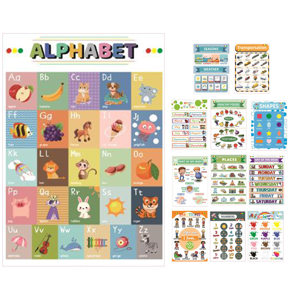Kids Education Charts - 12Sheets Cartoon English Learning Posters Kids
